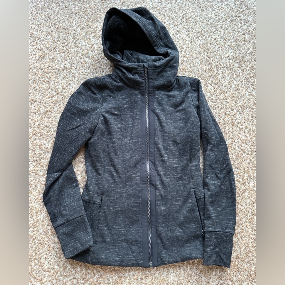 Athleta Women's S Luxe Victory Hoodie Faux Fur Lining Black Gray Pockets xs